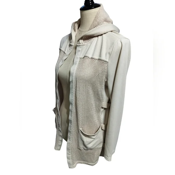 (1560) Coco Y Club Beige Mesh Pockets Open Front Hooded Jacket Size Medium - Picture 6 of 10